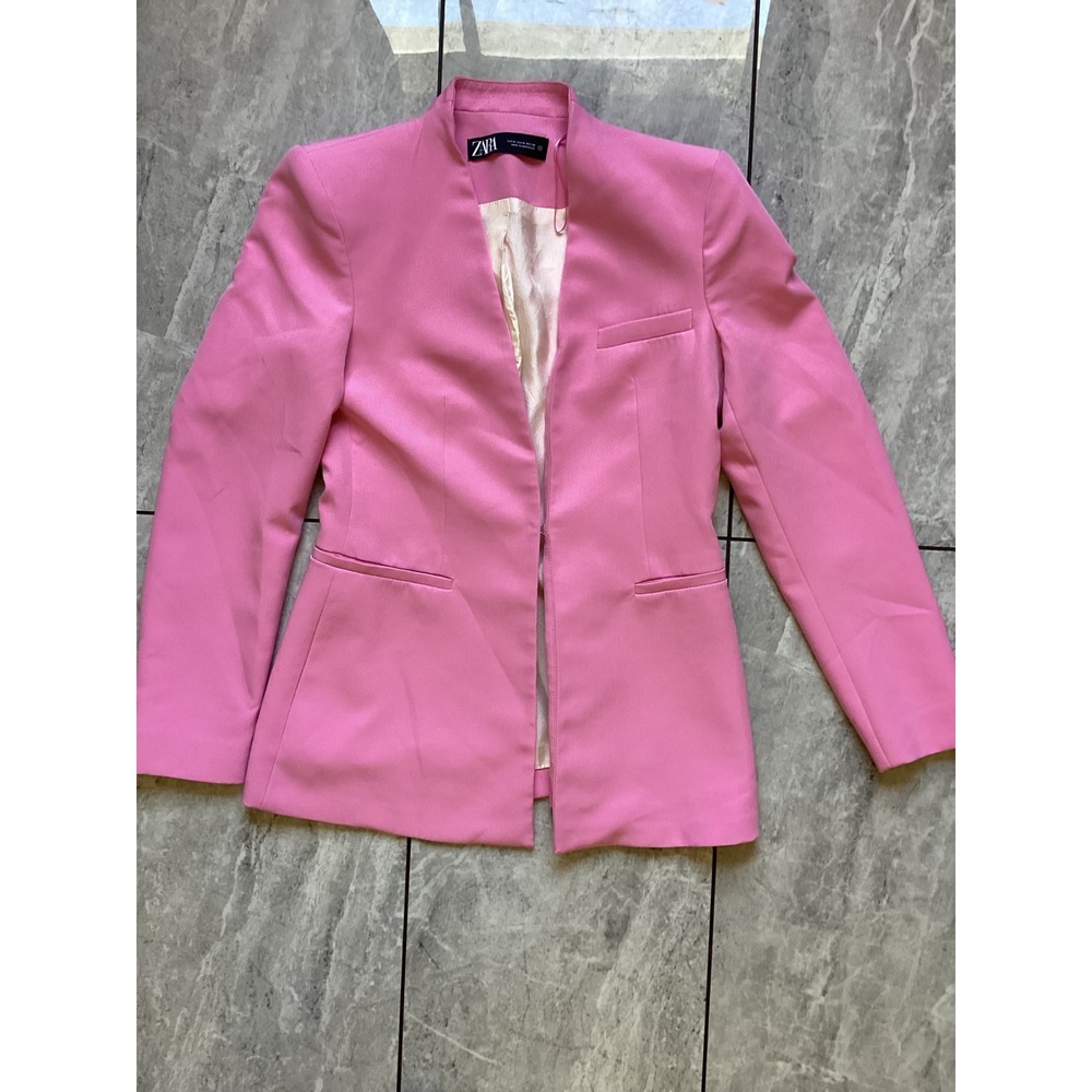 Zara Pink Open Front Tailored Blazer Jacket Womens Medium Collarless Hook Eye